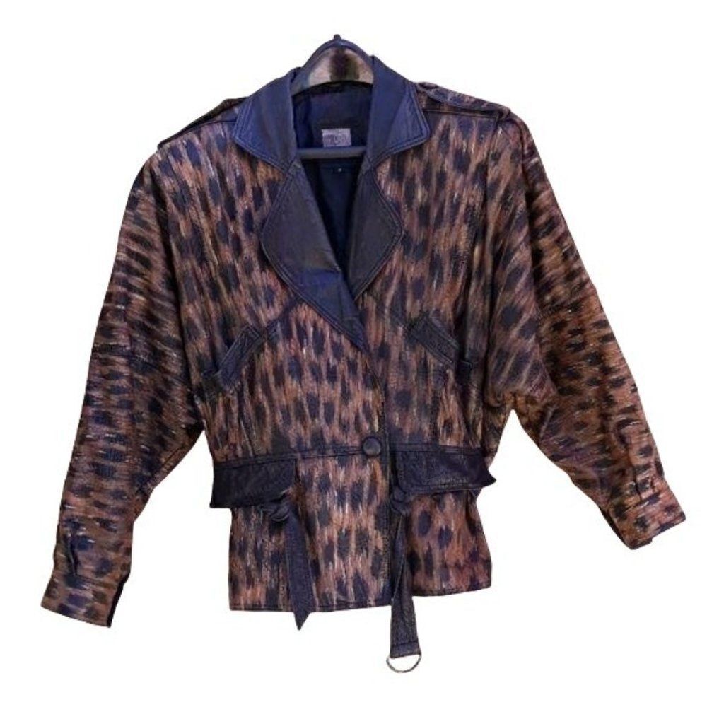 Vtg 80s Womens Jacket Leather Bomber Hand Painted Upcycled Wearable Art Animal M